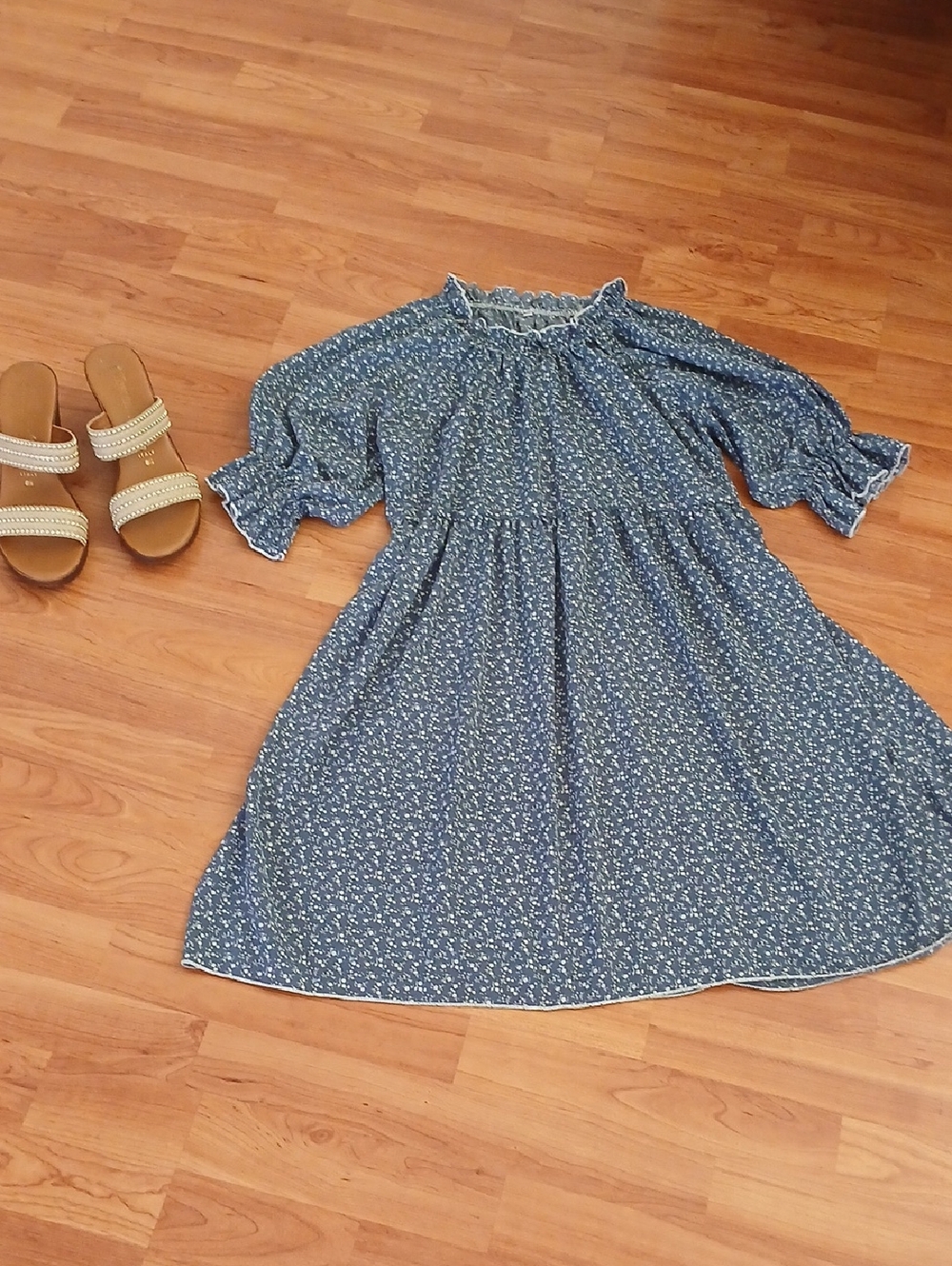 Blue Floral Smocked Neck Dress